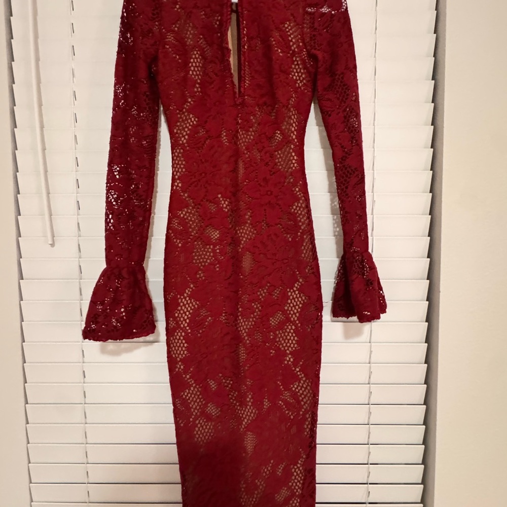 House of CB Burgundy Lace Long Sleeve Dress - Picture 3 of 4